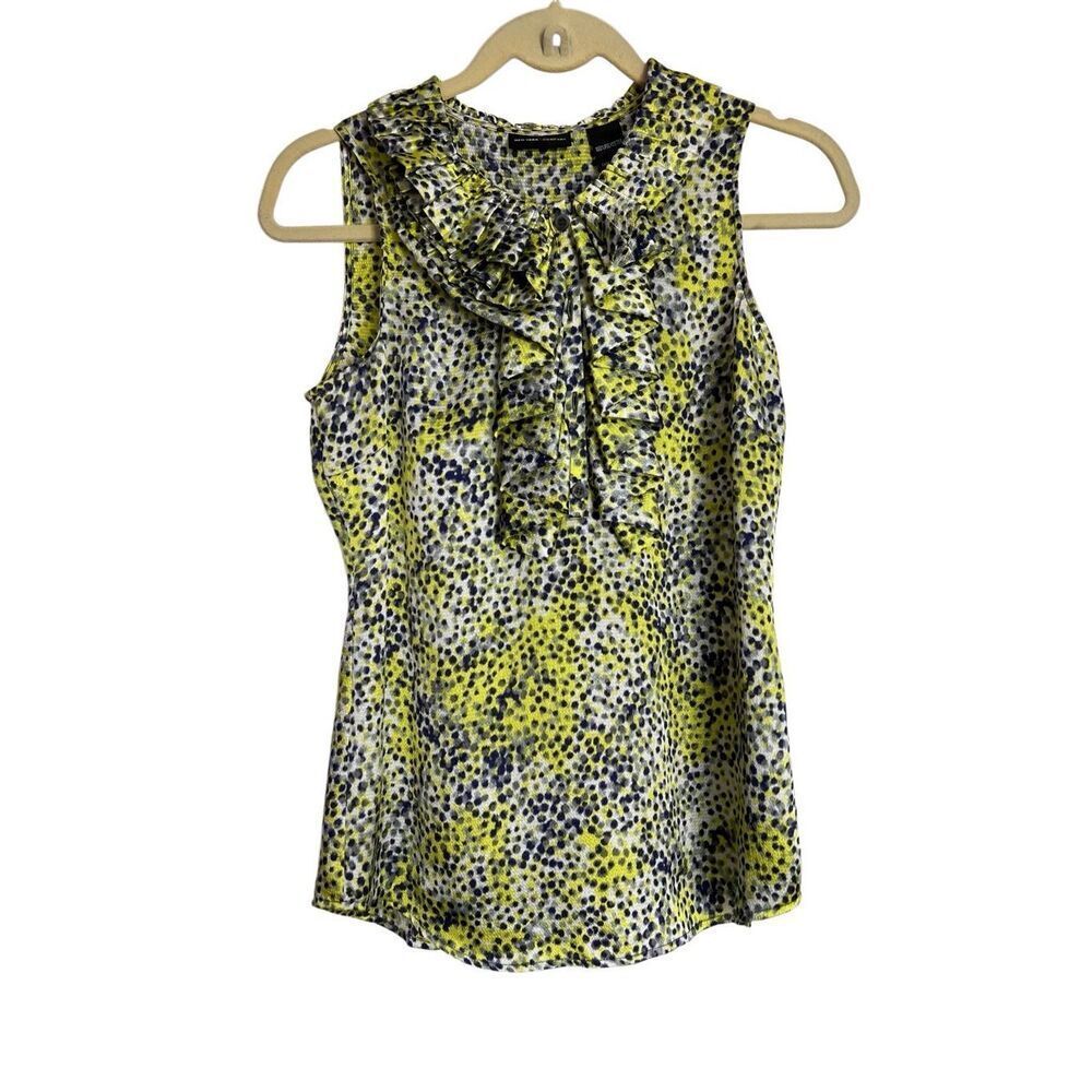 New York & Company Blouse Womens Size 2 Navy & Yellow Ruffle Collar Animal Print
